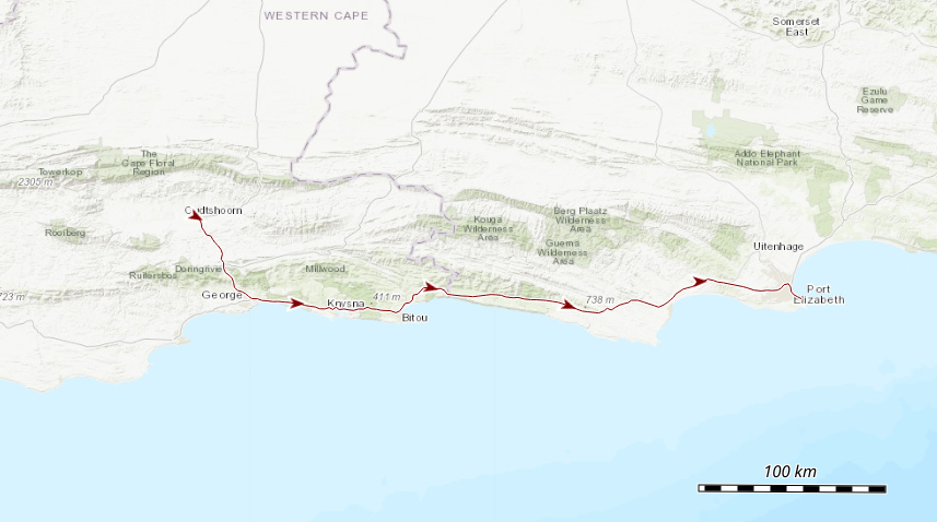 Die Strecke von Oudtshoorn nach Port Elizabeth.
