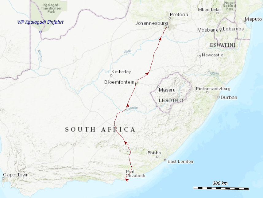 Strecke von Port Elizabeth nach Johannesburg.