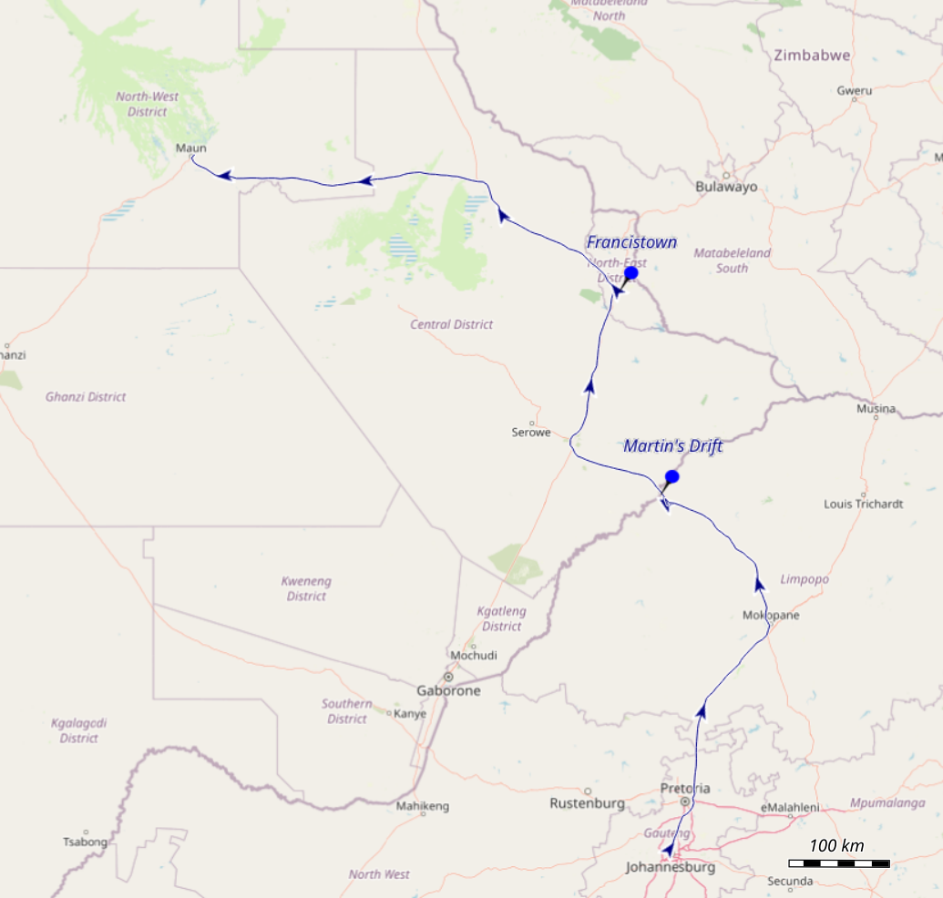 Die Strecke von Johannesburg nach Maun.
