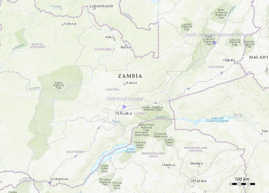 Von Livingstone zum South Luangwa Nationalpark.